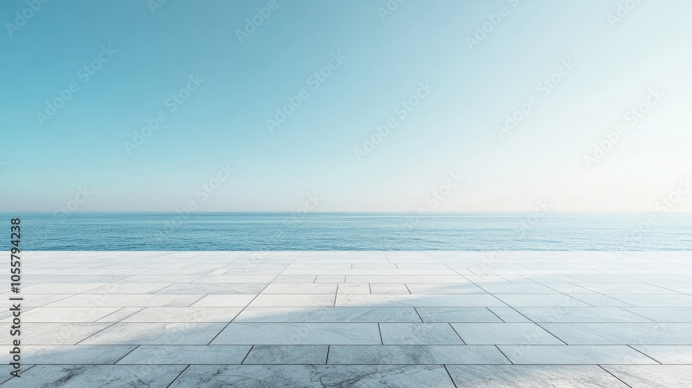 Empty marble floor in an open space with the sea beneath a clear blue sky Empty marble floor in an open space with the sea beneath a clear blue sky