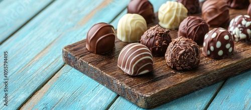 Assorted Chocolates Candy Balls Of Different Types Of Chocolate On A Wooden Board On A Blue Wooden Table