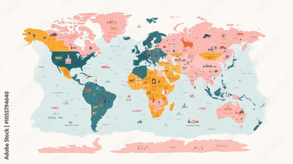 Obraz premium Colorful Cartoon Map of the World with Exaggerated Features