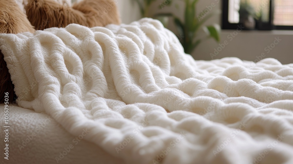 Soft, textured blanket draped over a bed in a cozy setting. Soft, textured blanket draped over a bed in a cozy setting.