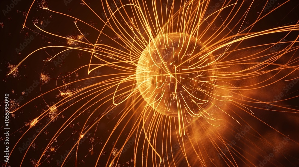 Obraz premium Abstract magnetic field visualization with glowing lines and arrows representing the flow of magnetic force around a central object in a dark, empty space.