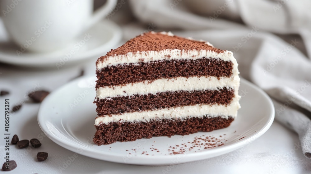 A slice of chocolate cake topped with white frosting and a dusting of cocoa powder is placed on a white plate with a teacup and saucer visible in the background A slice of chocolate cake topped with white frosting and a dusting of cocoa powder is placed on a white plate with a teacup and saucer visible in the background