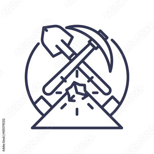 Shovel and pickaxe crossed over a mound, symbolizing excavation and mining.