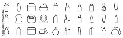 Cosmetic bottles web line icons. cosmetic, beauty, makeup, deodorant, lotion