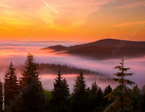 Evening landscape - silhouettes of fir trees on the background of bright sky and mountains