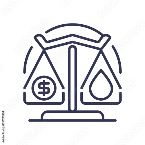 A scale balancing money and a drop, symbolizing supply and demand dynamics.