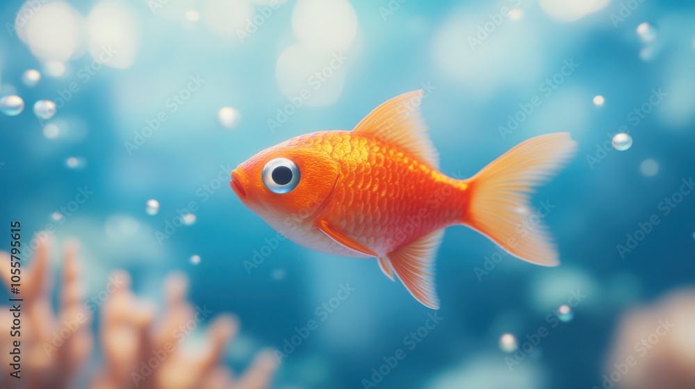 Fototapeta premium Cheerful Cartoon Blowfish Swimming Near Coral Reef