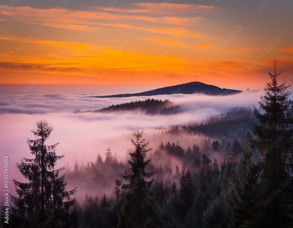 Obraz premium Evening landscape - silhouettes of fir trees on the background of bright sky and mountains