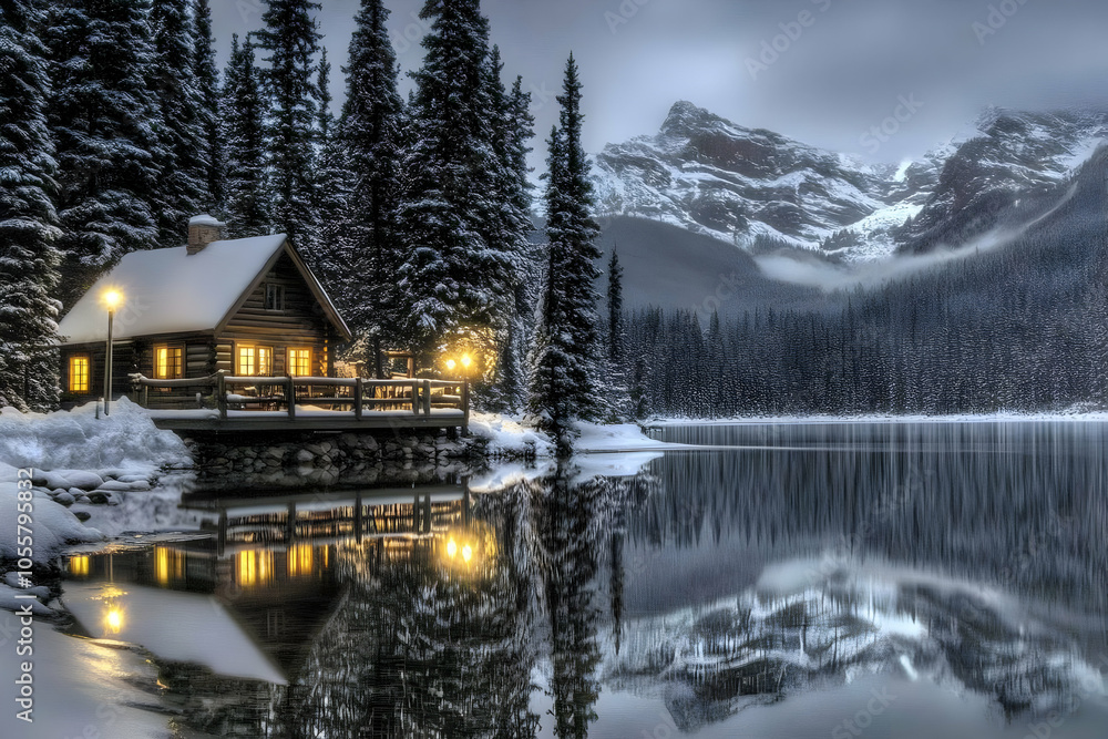 A serene winter scene featuring a cozy cabin by a snowy lake surrounded by mountains. A serene winter scene featuring a cozy cabin by a snowy lake surrounded by mountains.