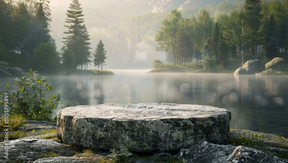 Stone Platform Overlooking Tranquil Mountain Lake at Sunrise Stone Platform Overlooking Tranquil Mountain Lake at Sunrise