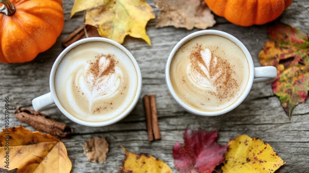 Two white cups filled with black coffee and white milk foam topped with cinnamon nestled among vibrant autumn leaves and pumpkins on a rustic wooden surface Two white cups filled with black coffee and white milk foam topped with cinnamon nestled among vibrant autumn leaves and pumpkins on a rustic wooden surface