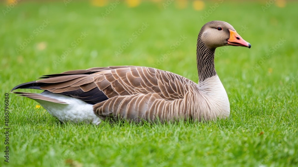 Breeding adult greylag goose resting on lush green grass Breeding adult greylag goose resting on lush green grass
