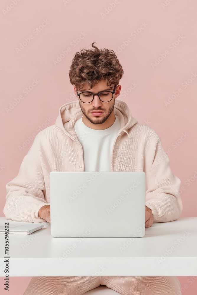 A man wearing glasses and a white hoodie is sitting at a desk with a laptop A man wearing glasses and a white hoodie is sitting at a desk with a laptop