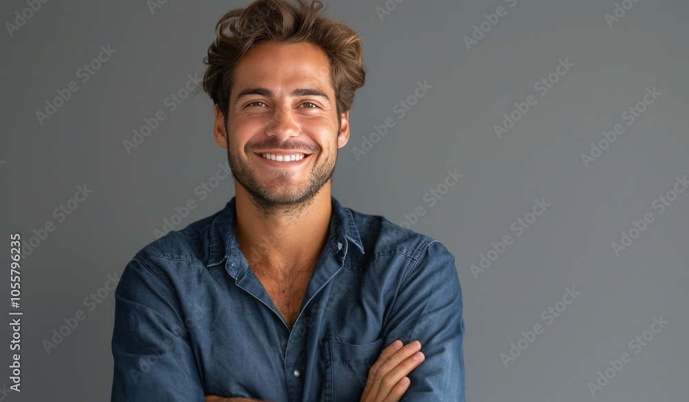 Smiling Man In Denim Shirt Against Gray Wall Smiling Man In Denim Shirt Against Gray Wall