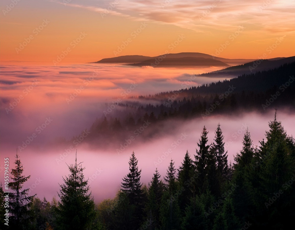 Evening landscape - silhouettes of fir trees on the background of bright sky and mountains