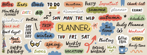 Planner stickers collection. Bundle of weekly or daily diary with trendy lettering words and design elements. Vector illustration