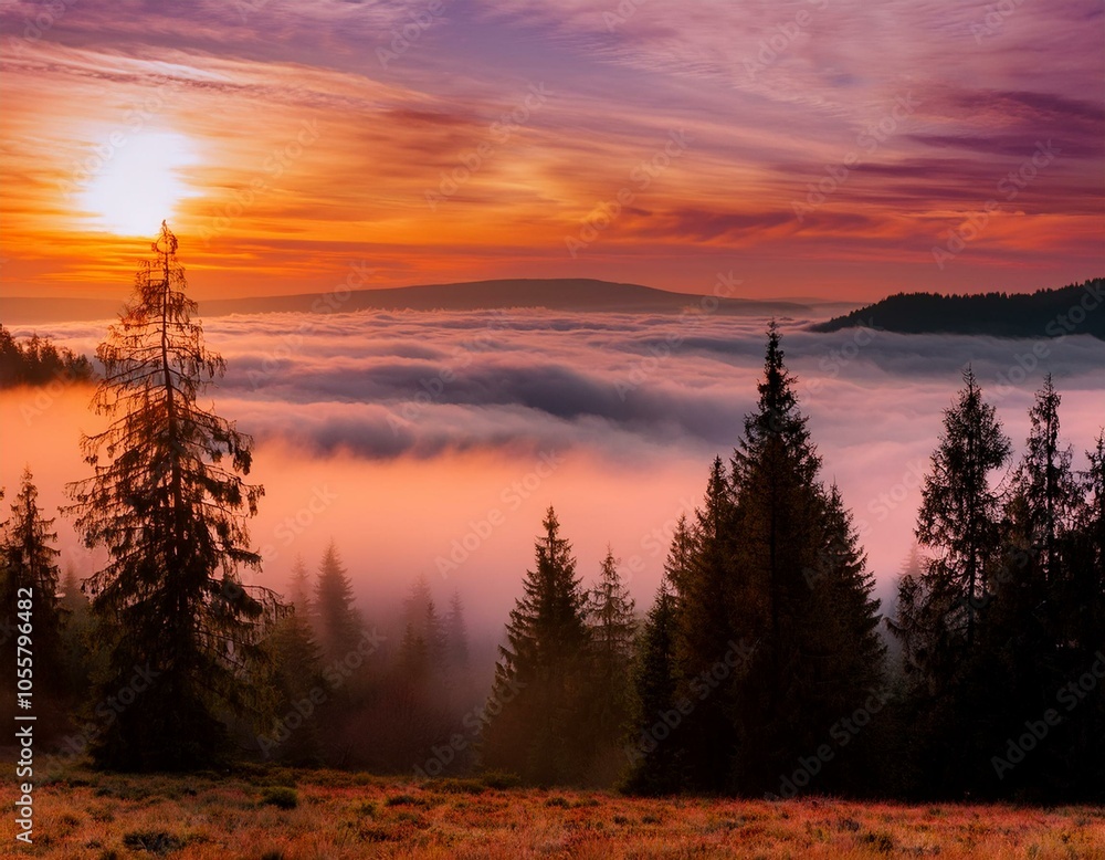 Obraz premium Evening landscape - silhouettes of fir trees on the background of bright sky and mountains