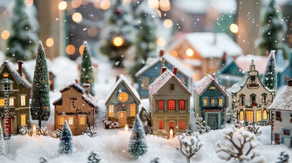 Fototapeta premium A tabletop Advent village scene with miniature houses, trees, and snow for a festive display.