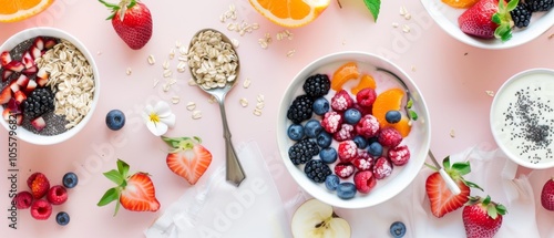 Bowls of vibrant fruits and yogurt create a colorful, fresh breakfast spread, promising a healthy and delicious start to the day.