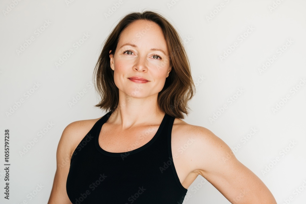 A woman in a black tank top poses for a photo. She has a smile on her face and she is confident and happy A woman in a black tank top poses for a photo. She has a smile on her face and she is confident and happy