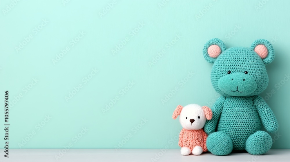 Green Crochet Bear and White Dog Plush Toys on Turquoise Background Green Crochet Bear and White Dog Plush Toys on Turquoise Background