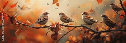 A group of sparrows perched on a branch, surrounded by falling autumn leaves. photo