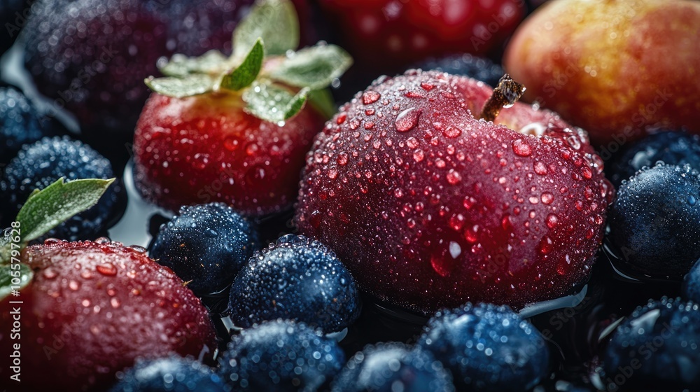 Fresh fruits and berries with water droplets emphasizing vitamins and health showcasing the essence of vegetarian and organic food choices Fresh fruits and berries with water droplets emphasizing vitamins and health showcasing the essence of vegetarian and organic food choices