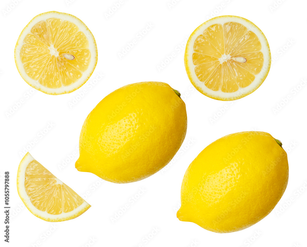Fototapeta premium Top view set of fresh ripe yellow lemon fruits with halves and slices or quarters isolated with clipping path in png file format