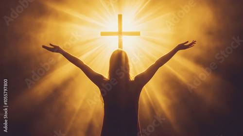Silhouette of a woman spreading her arms, standing in front of a cross illuminated by light, faith and devotion, trust in God Jesus Christ, salvation redemption, forgiveness love religion Christianity