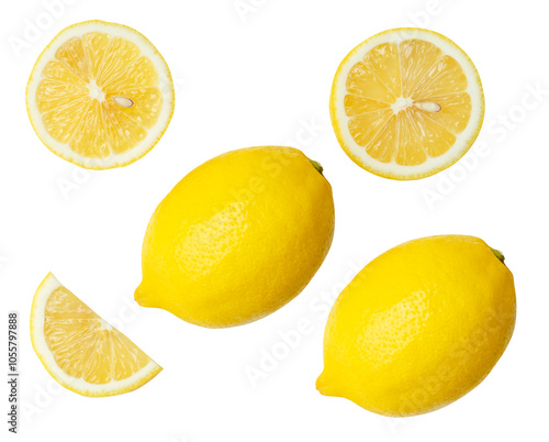 Top view set of fresh ripe yellow lemon fruits with halves and slices or quarters isolated with clipping path in png file format