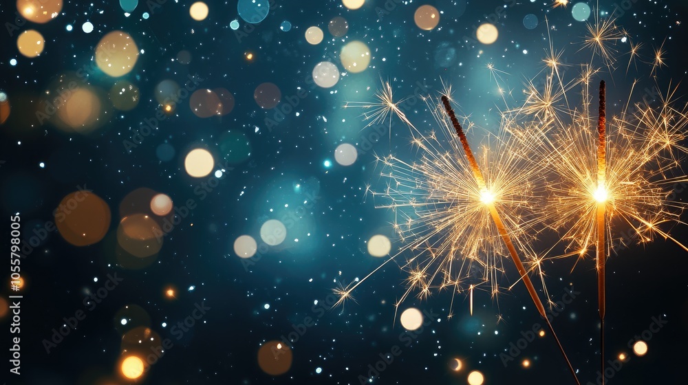 New Year s Eve celebration card featuring sparklers and bokeh lights against a dark night sky New Year s Eve celebration card featuring sparklers and bokeh lights against a dark night sky
