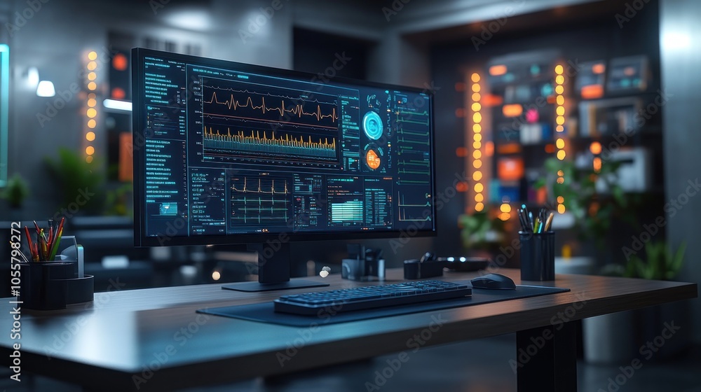 Modern workspace featuring a high-tech monitor with data visualizations. Modern workspace featuring a high-tech monitor with data visualizations.