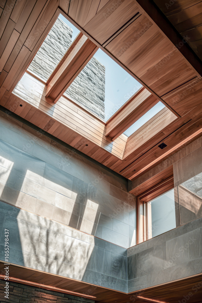 Obraz premium Modern Architectural Skylight with Natural Light and Wooden Ceiling Accents