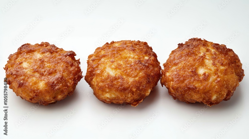Set of Maryland crab cakes, isolated on white, crisp and golden, delicious seafood dish Set of Maryland crab cakes, isolated on white, crisp and golden, delicious seafood dish