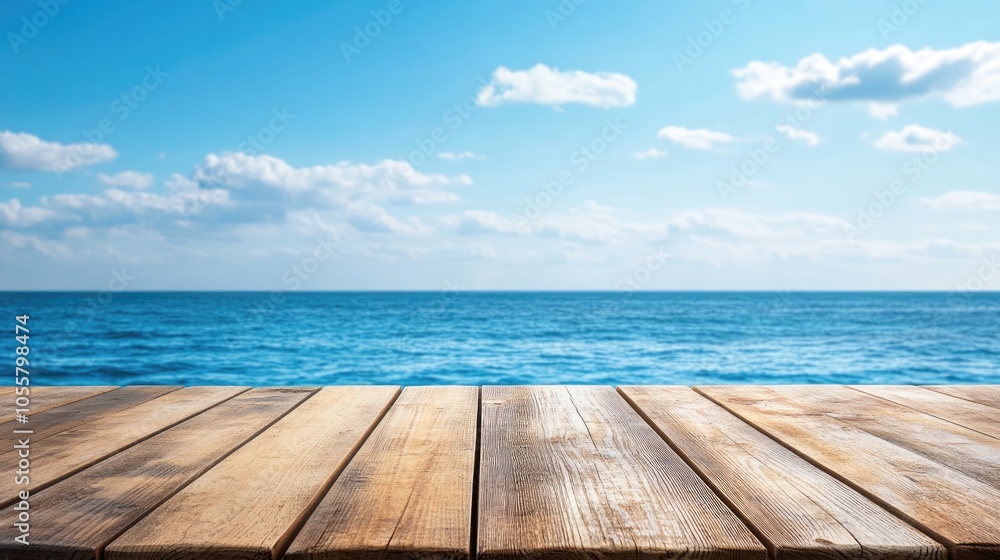 Fototapeta premium Wooden deck table surface with a blurred sea and blue sky backdrop ideal for showcasing or presenting products High quality image