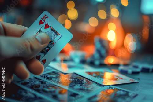 Close-up of Hand Holding King of Hearts in a Poker Game with Blurred Bokeh Background photo