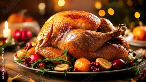 Traditional fried turkey served on a plate at a festive dinner table during the Thanksgiving holiday celebration photo