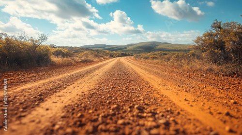 Low angle view of a red mud dry soil road pavement texture background