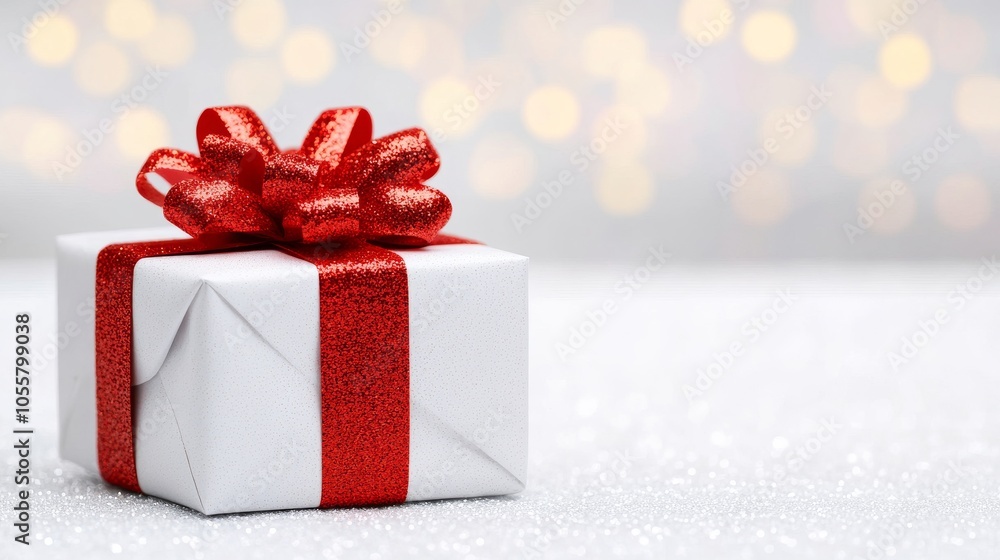 White Gift Box With Red Glitter Bow On Sparkle Background White Gift Box With Red Glitter Bow On Sparkle Background