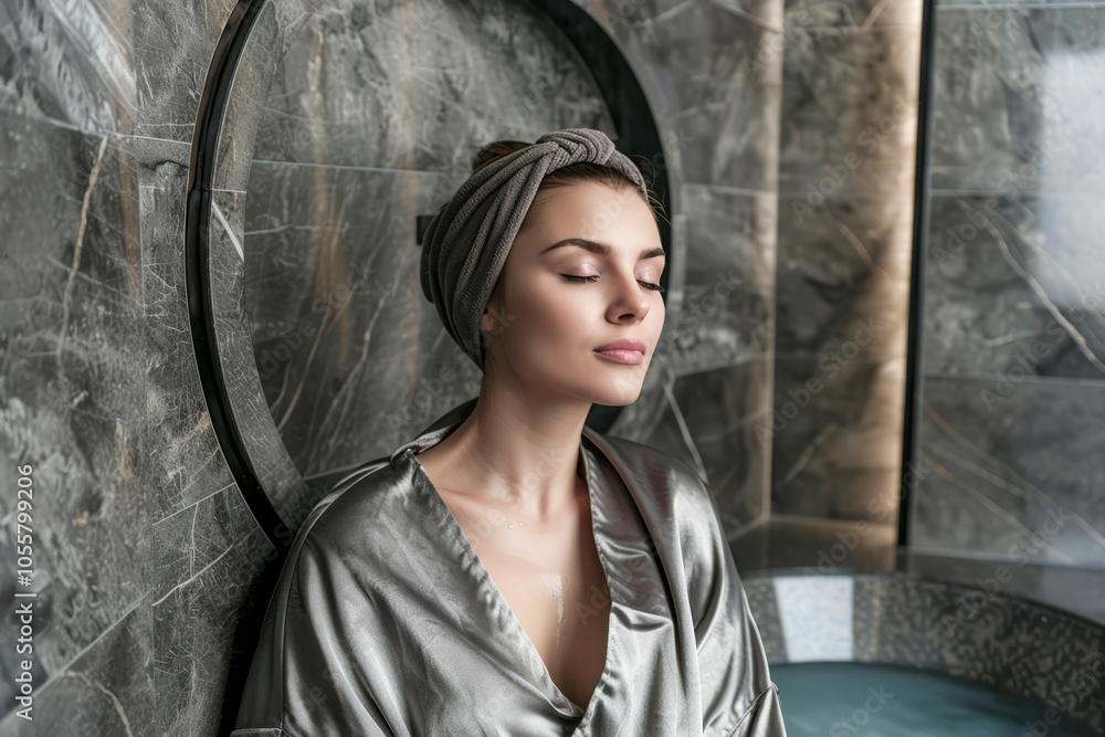 Fototapeta premium Woman Relaxing in a Luxury Spa with Towel Wrapped Hair and Satin Robe