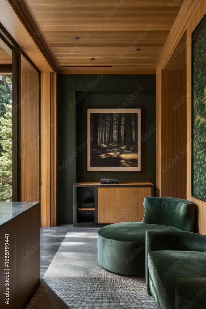 Serene modern living room with lush green armchairs wooden accents Serene modern living room with lush green armchairs wooden accents