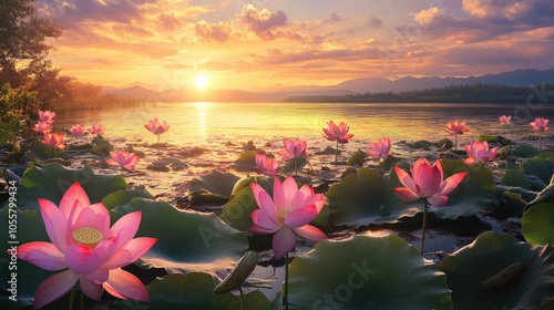 Fototapeta Naklejka Na Ścianę i Meble -  Morning sunrise over a lake adorned with stunning pink lotus flowers