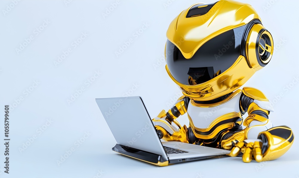 3D Robot Character at Workstation, A futuristic robot character engaged at a desk, surrounded by advanced technology and digital interfaces. 3D Robot Character at Workstation, A futuristic robot character engaged at a desk, surrounded by advanced technology and digital interfaces.