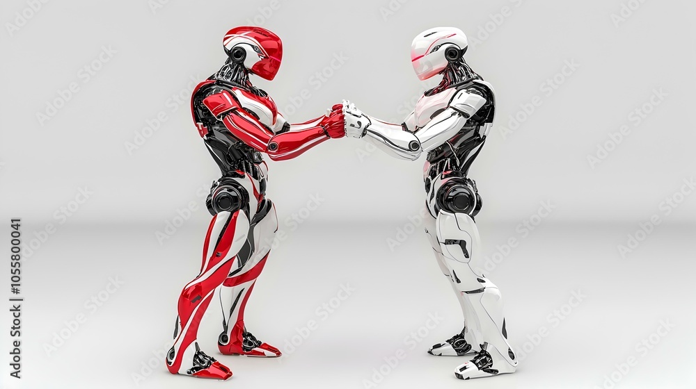 Obraz premium High-Five Encounter, A playful 3D robot enthusiastically engaging with another robot in a friendly high-five gesture, showcasing camaraderie and fun.