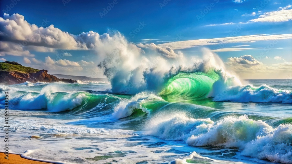 Fototapeta premium Powerful Waves Creating Frothy Splashes Along Tranquil Coastline Under Blue Skies