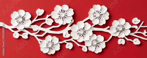 Wallpaper Mural Delicate white floral paper cut design on vibrant red background, showcasing artistic craftsmanship and nature's beauty in a striking contrast. Torontodigital.ca
