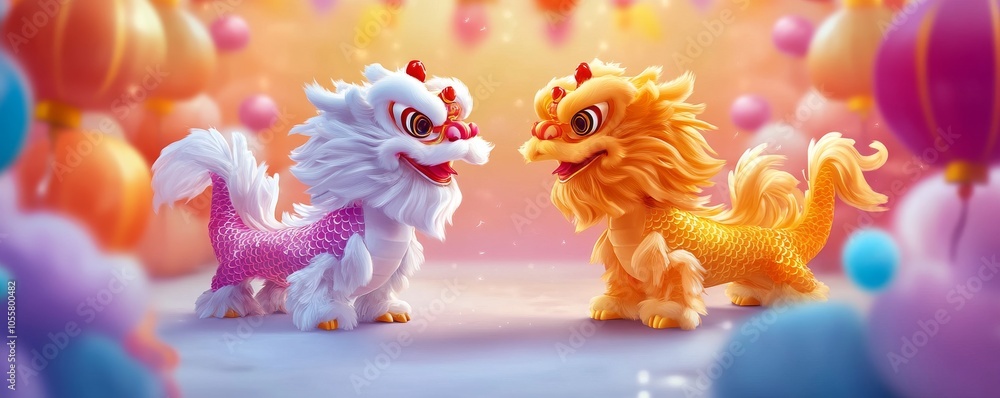 Obraz premium Two vibrant cartoon lion dancers, one pink and one yellow, facing off in colorful celebration with festive lanterns in the background.