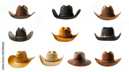 Set of vintage cowboy hats in different designs, isolated on plain white.