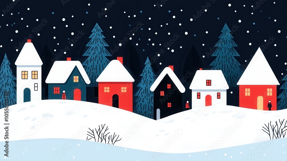 Fototapeta premium Cozy Cartoon Village Covered in Snow