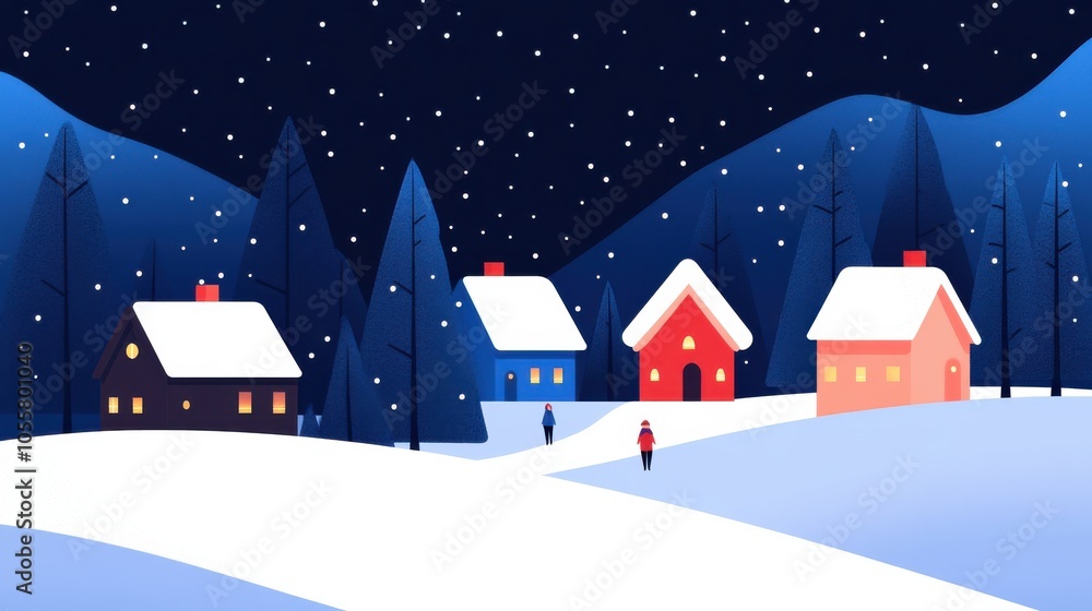 Fototapeta premium Cozy Cartoon Village Scene in Snowy Landscape